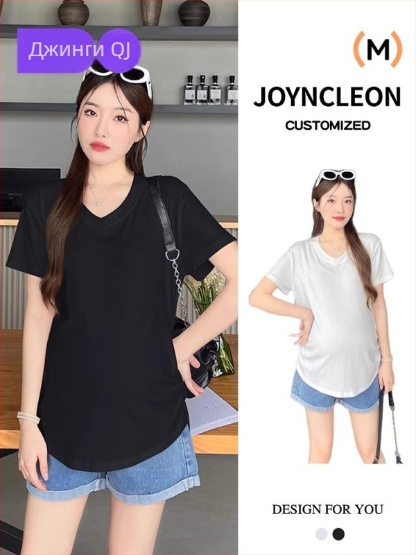 Бременна блуза с V-образно деколте, къси ръкави, свободен силует, памук 90–95%, средна дължина 65–80 см