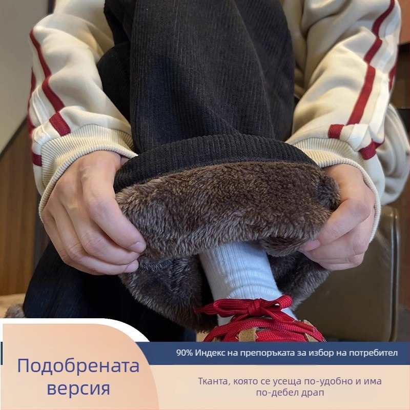 Corduroy панталони за тийнейджъри с флисово вътрешно покритие, права крачка, средна талия, Korean-style, зимни