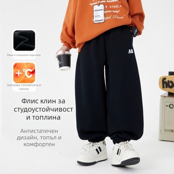 Корейски стил момчешки спортни панталони с подплата, зима 2025, 63% памук, средна талия с еластична лента, принт с букви