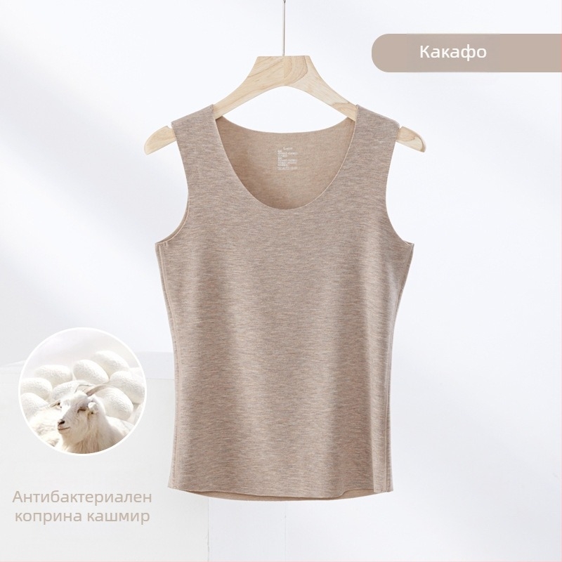 Термична жилетка от кашмир и коприна, безшевна кръгла яка, много дебел плат 301–350 г/м², подходяща за носене като външна дреха