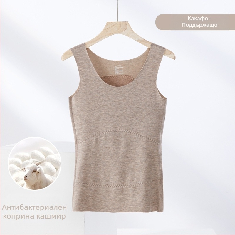 Термична жилетка от кашмир и коприна, безшевна кръгла яка, много дебел плат 301–350 г/м², подходяща за носене като външна дреха