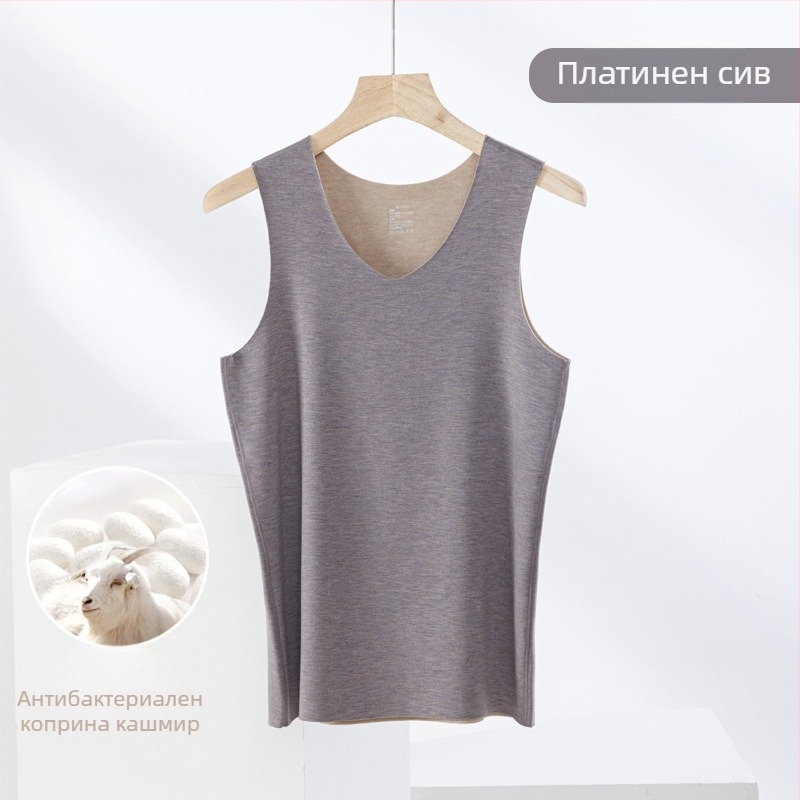 Термична жилетка от кашмир и коприна, безшевна кръгла яка, много дебел плат 301–350 г/м², подходяща за носене като външна дреха
