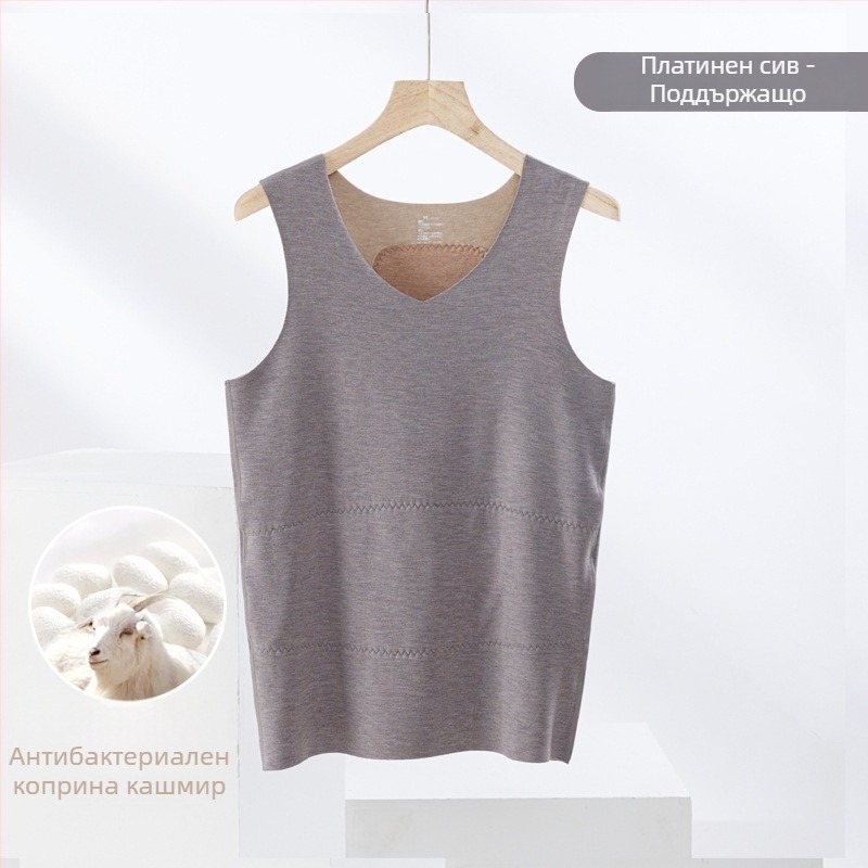 Термична жилетка от кашмир и коприна, безшевна кръгла яка, много дебел плат 301–350 г/м², подходяща за носене като външна дреха