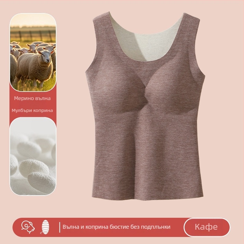 Женски вълнен термо потник с вградена подплънка за бюст, безшевен, кадифено-флис подплата, кръгло деколте