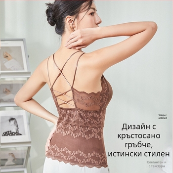 Термална жилетка за жени с вградена подпора за бюста, флисово подплатена, двойнослойна, V-образно деколте, 80–90% вискоза