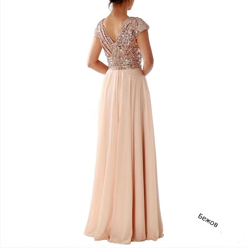 Дълга вечерна рокля с V-образно деколте, пайети и шифон, силует А-образен, висока талия