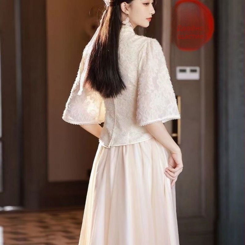 Рокля за шаферки, азиатски стил вдъхновен, полиестерна тъкан (95%+), висока талия, дълги ръкави