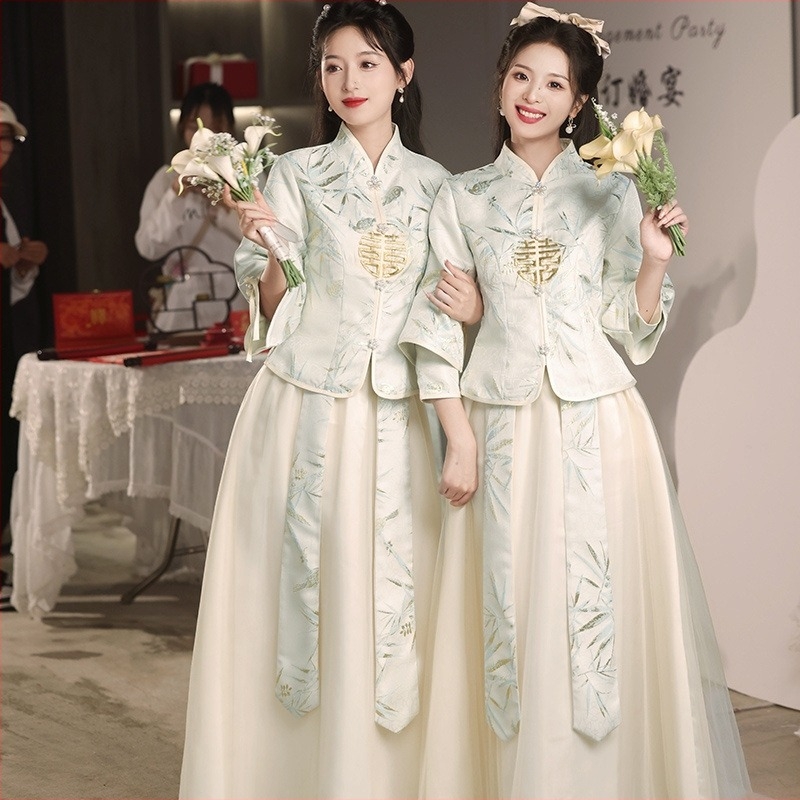 Рокля за шаферка, дълги ръкави, дълга пола, мрежест плат, стояща яка