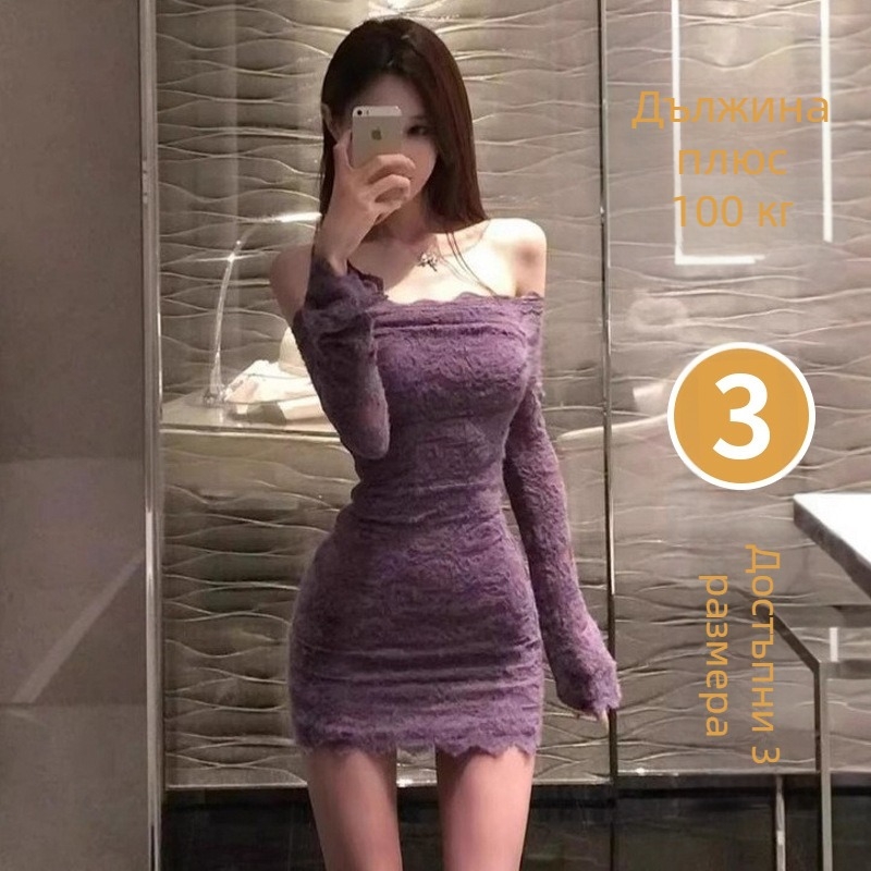 Рокля с едно рамо от дантела, bodycon кройка, къс модел, полиестер, за жени
