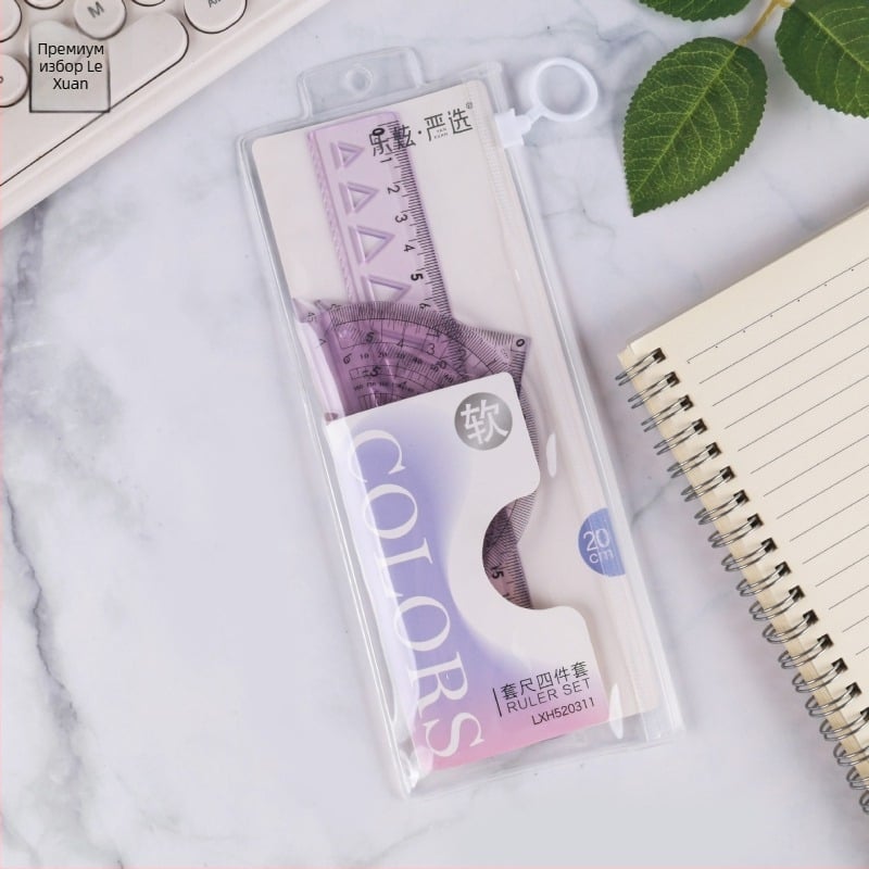 Пластмасов комплект от 4 линейки за чертане за ученици, включва триъгълник и ъгломер