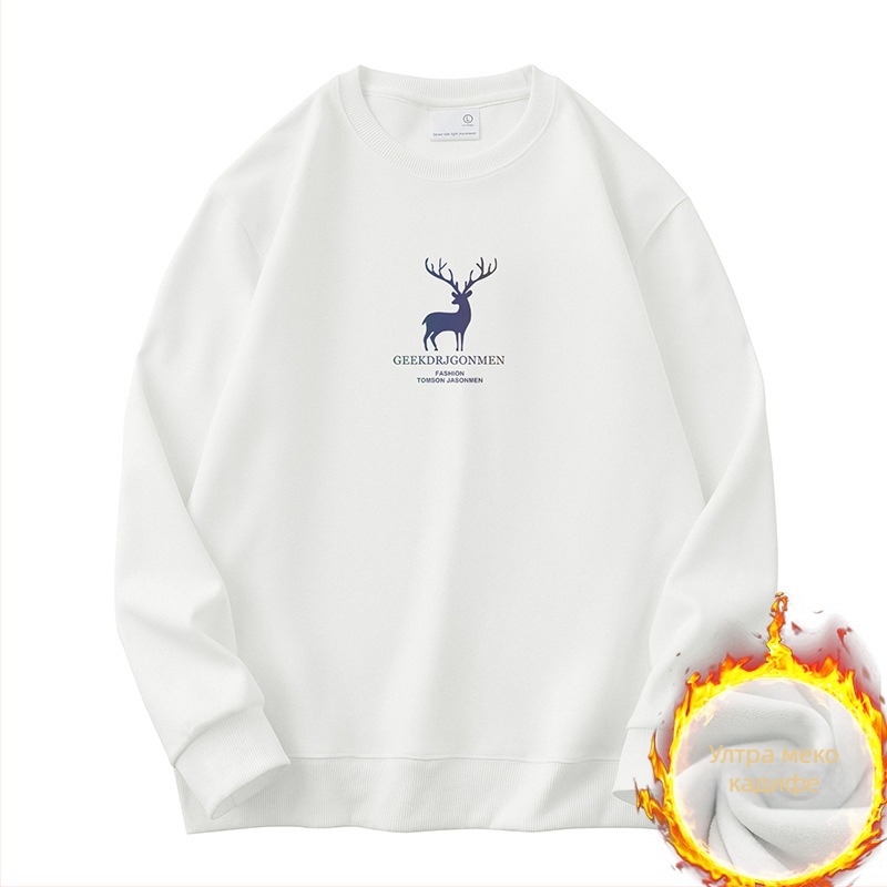 Мъжки Elk принт флис пуловер, дълги ръкави, кръгло деколте, свободен силует