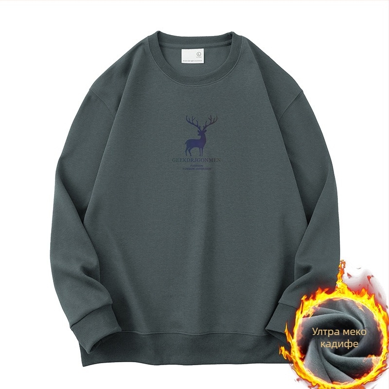 Мъжки Elk принт флис пуловер, дълги ръкави, кръгло деколте, свободен силует