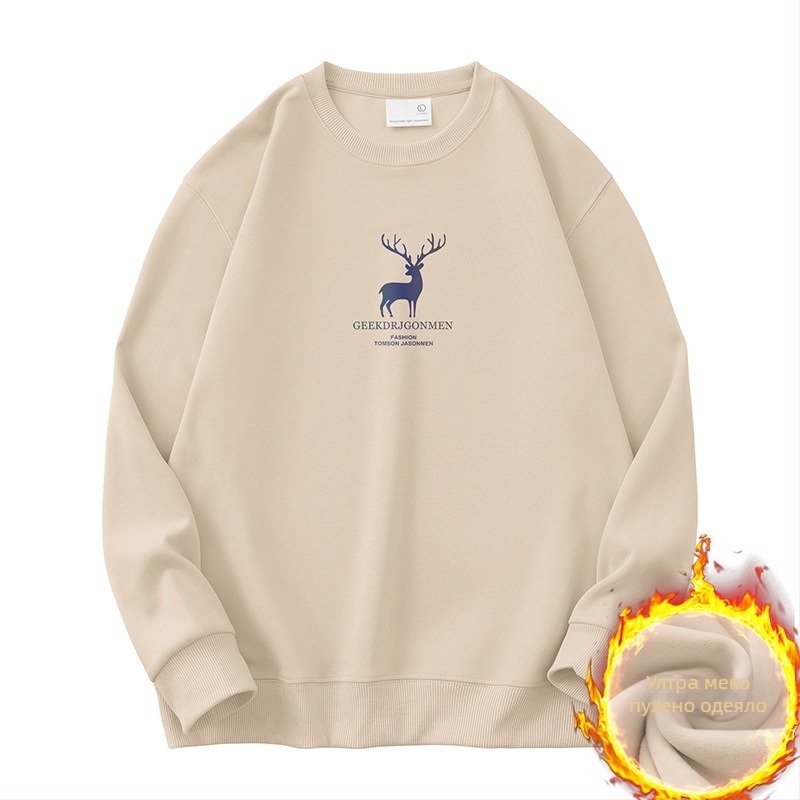 Мъжки Elk принт флис пуловер, дълги ръкави, кръгло деколте, свободен силует