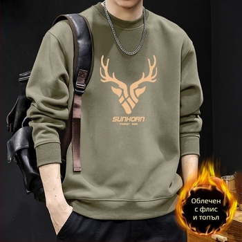 Мъжки суитшърт с кръгло деколте, флисово подплатен, геометричен принт, свободна кройка, дълги ръкави