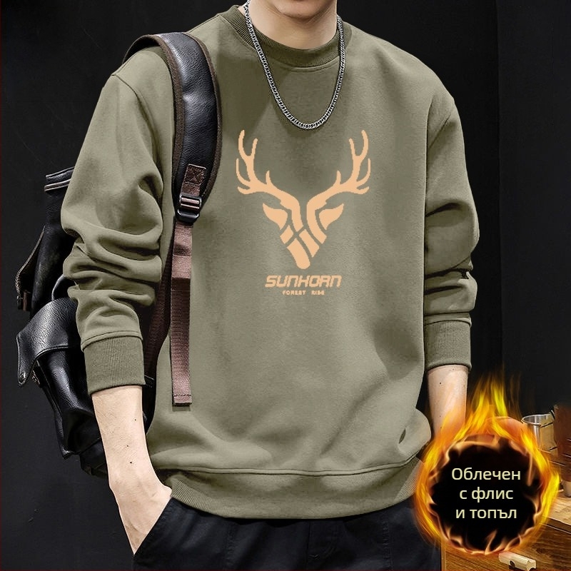 Мъжки суитшърт с кръгло деколте, флисово подплатен, геометричен принт, свободна кройка, дълги ръкави