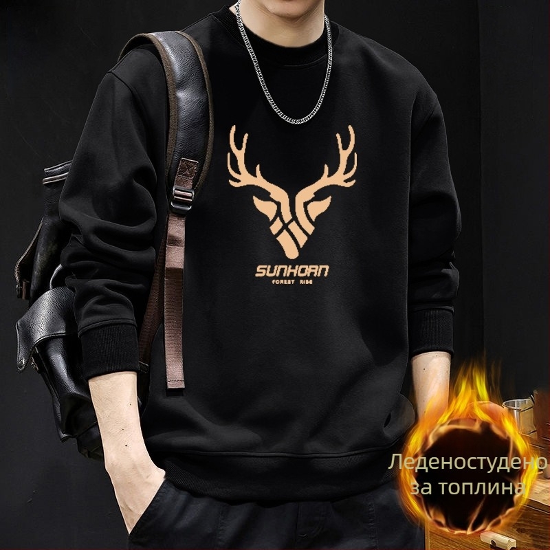 Мъжки суитшърт с кръгло деколте, флисово подплатен, геометричен принт, свободна кройка, дълги ръкави