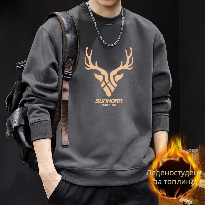 Мъжки суитшърт с кръгло деколте, флисово подплатен, геометричен принт, свободна кройка, дълги ръкави