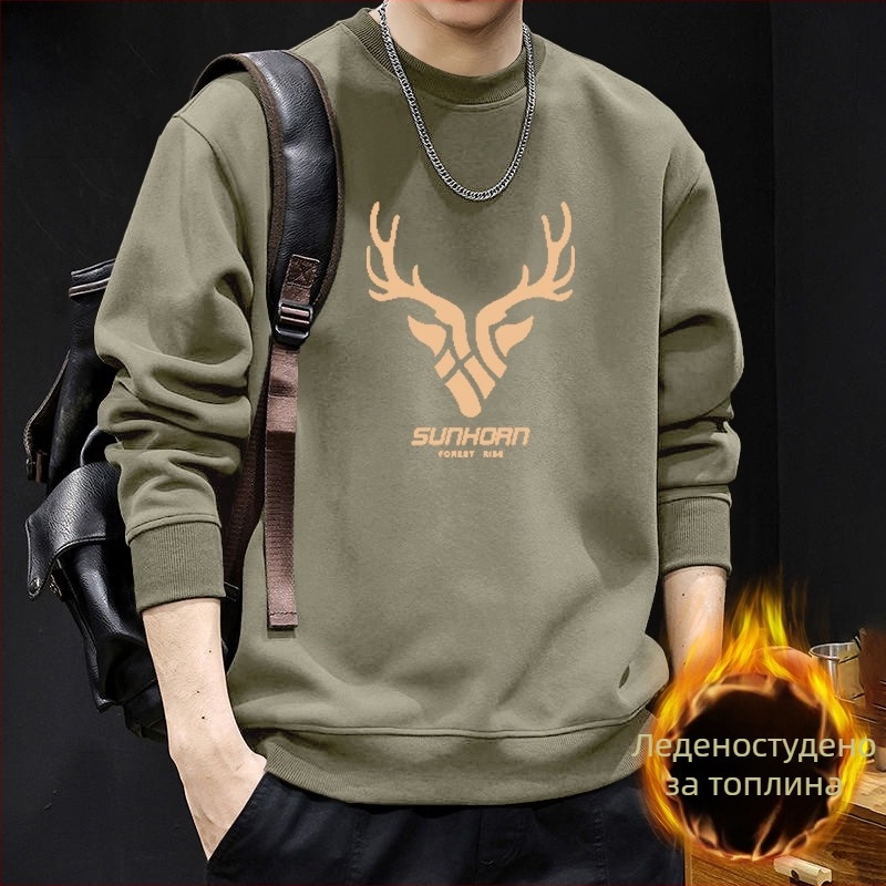 Мъжки суитшърт с кръгло деколте, флисово подплатен, геометричен принт, свободна кройка, дълги ръкави