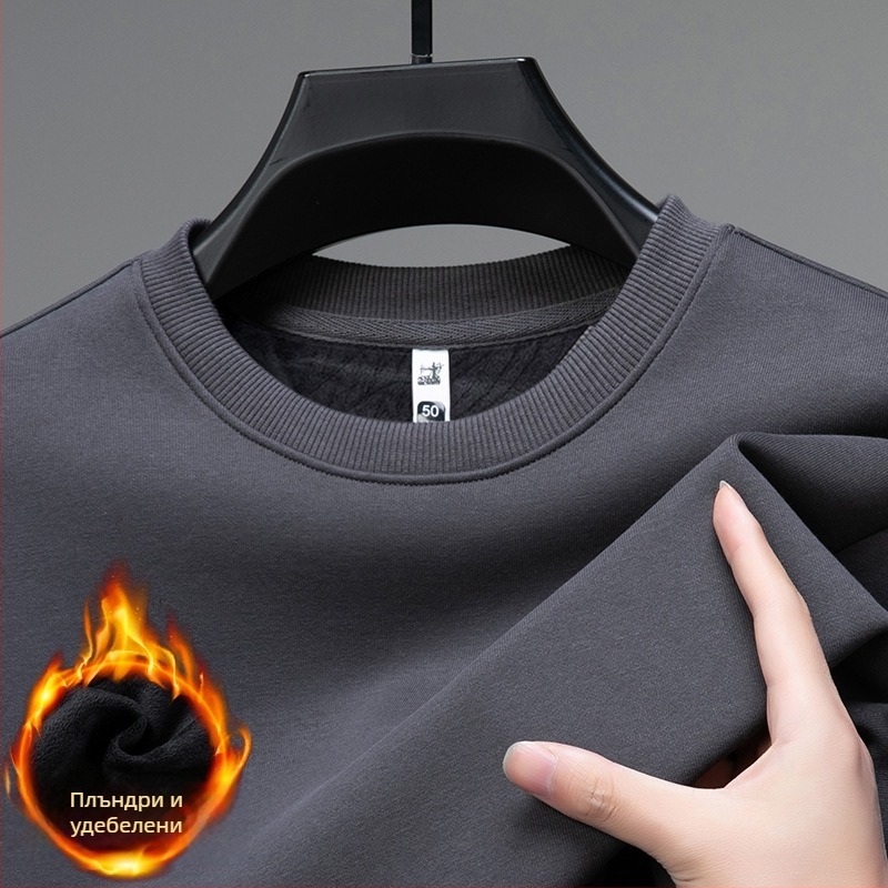 Мъжки суитшърт от памук-полиестерова смес с коприна, флийсова материя, кръгла яка, дълги ръкави, без подплата, за пролет и есен, Зима 2024