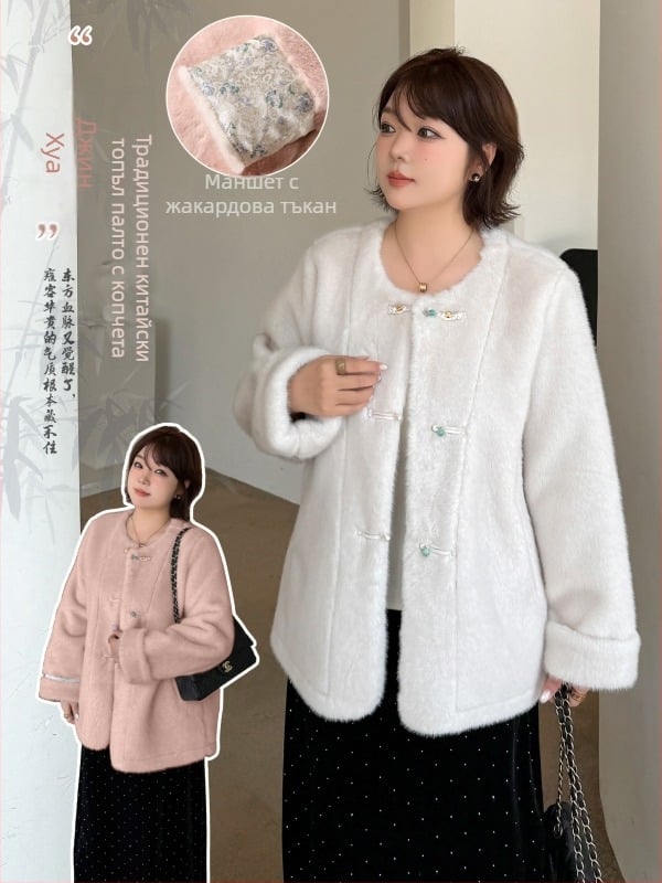 Палто за жени с косъмни вложки, средно дълго, кръгла яка, едноредово закопчаване, 2025 зима