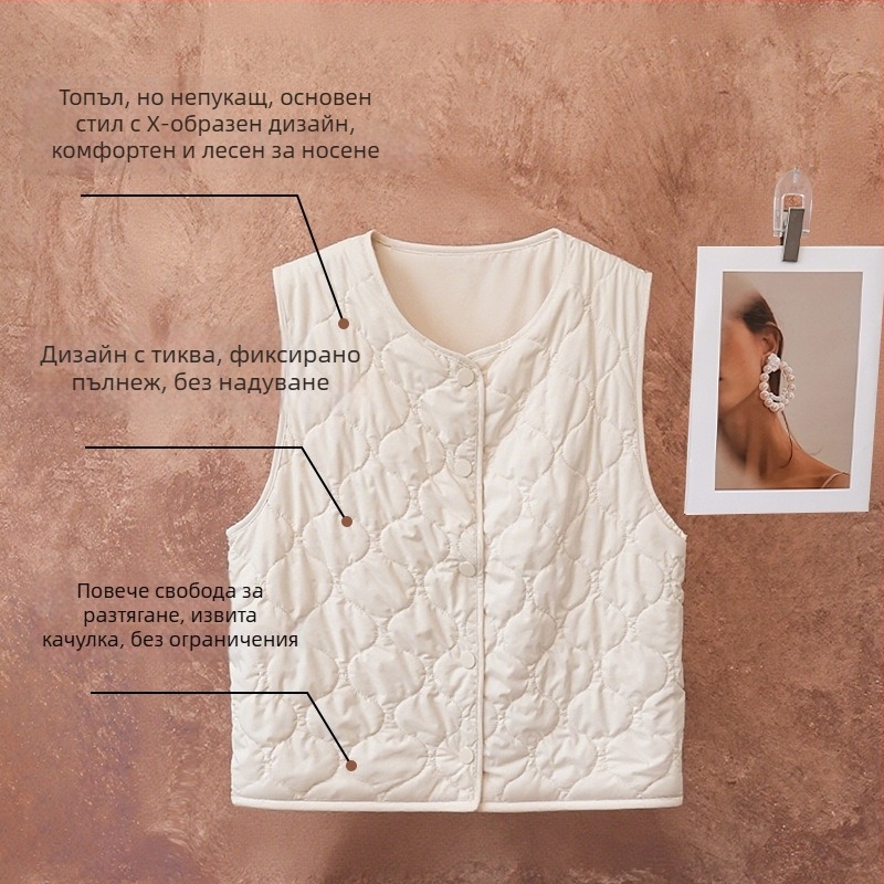 Пухена жилетка с V-образна яка, ромбов модел, къса кройка 40–50 см, полиестерна външна тъкан, пълнеж 100% коприна