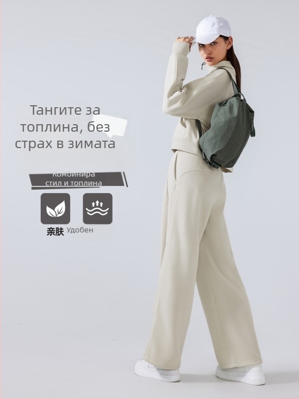 Дамски зимни спортни панталони с висока талия, свободна кройка, памучно-блендова материя (28% памук), без подплата, запазват топлината, подходящи за бягане и фитнес