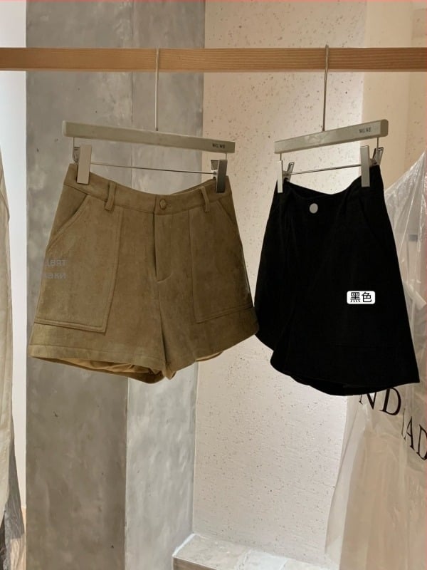 WGWE Дамски къси панталони от замша с джобове за багаж, широки крачоли, корейски стил, права кройка