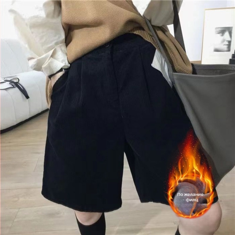 Corduroy панталони с висока талия, широки крачоли, средна дължина за жени — полиестер 95%+