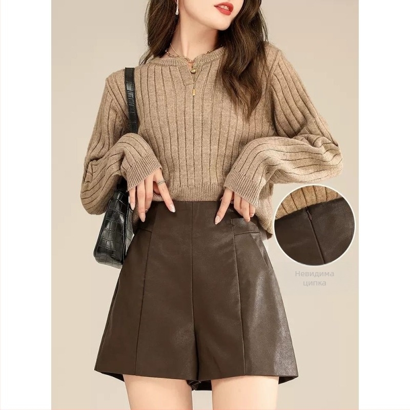 Дамски широки панталони от вълнена тъкан, висока талия, дължина три четвърти, тъкана материя