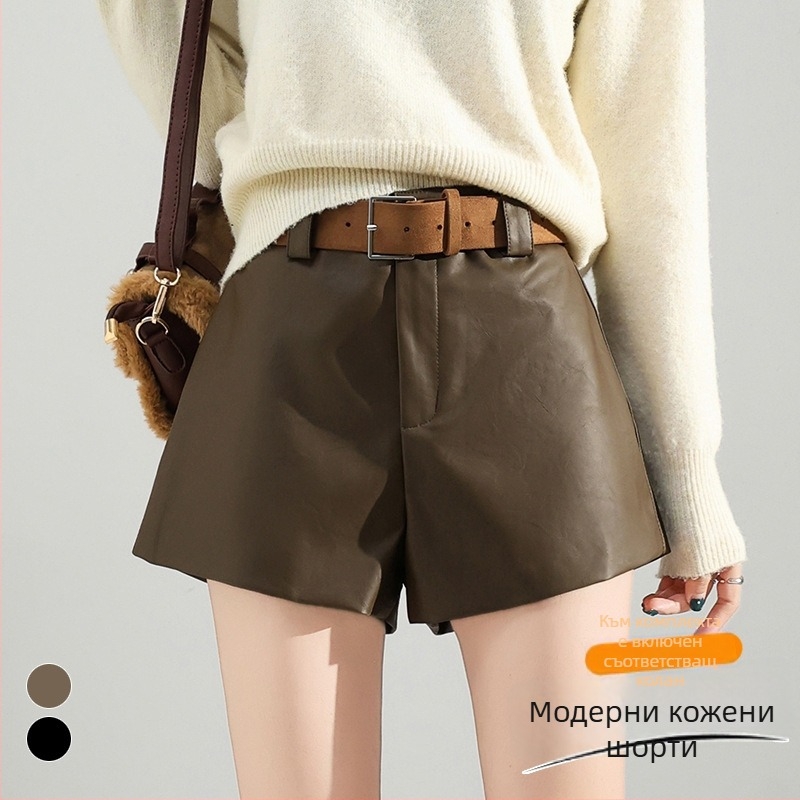 Женски PU кожени панталони, висока талия, 3/4 дължина, А‑линия, широки крачоли