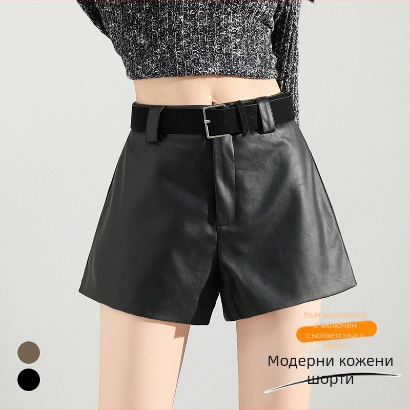 Женски PU кожени панталони, висока талия, 3/4 дължина, А‑линия, широки крачоли