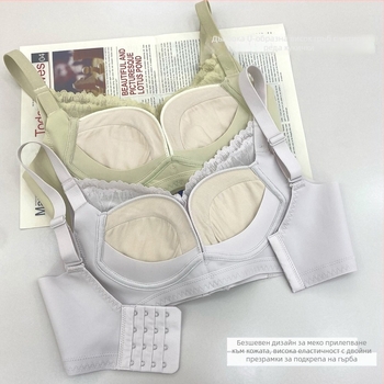 Безжичен дантелен сутиен за оформяне и повдигане, дишащ; основен плат: дантела найлон; подплата: модал 80–90%; чашка 3/4; формовани чашки; фиксирани двойни презрамки; задна закопчалка с четири реда куки