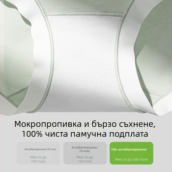 Дамски памучни бикини със средна талия, антибактериални и дишащи; основен материал 80–90% памук; хастар в интимната зона 100% памук