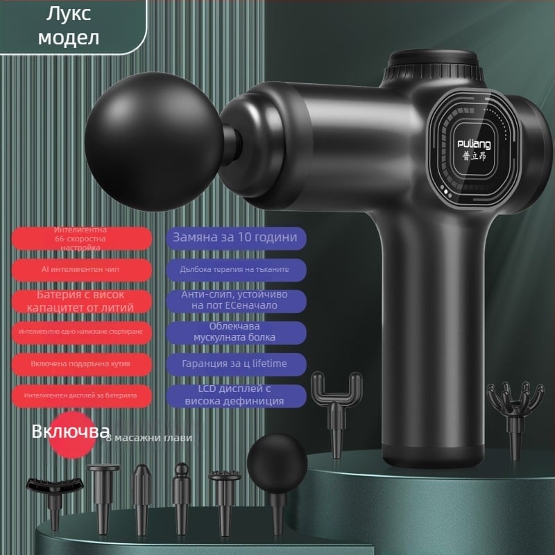 Мини масажор за фасция, портативен електрически масажор за мускули с LCD дисплей, 6+ накрайника, вградена батерия 2000–4000 mAh, автономия 8–12 ч, шум под 36 dB, мотор с четки