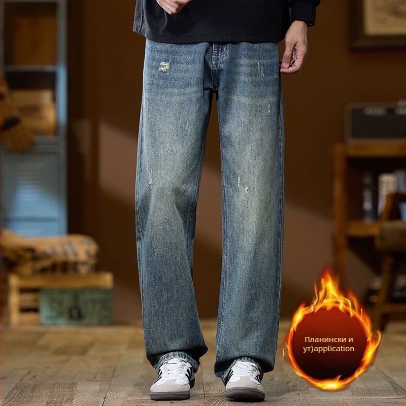 Мъжки дънки с подплата от флис, висока талия, права кройка, цип, зимни