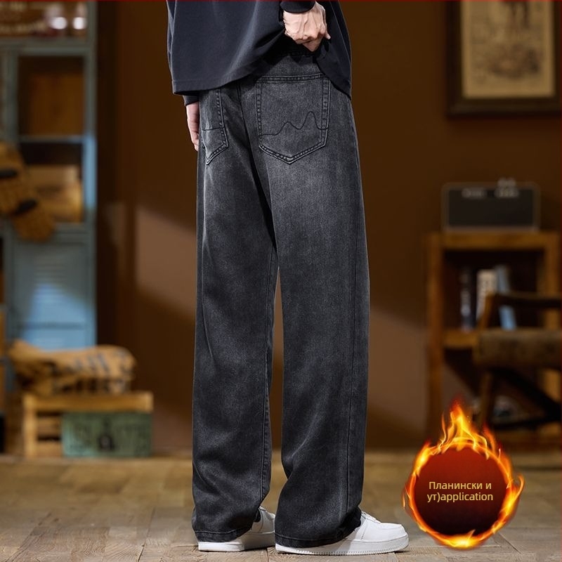 Мъжки дънки с подплата от флис, висока талия, права кройка, цип, зимни