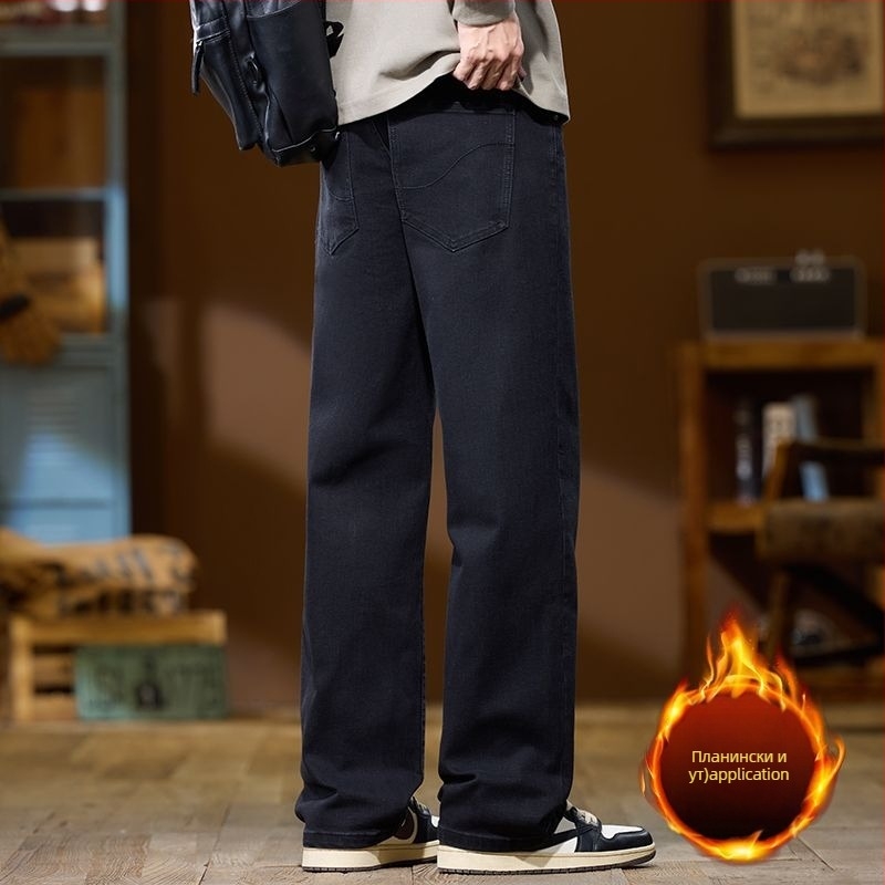 Мъжки дънки с подплата от флис, висока талия, права кройка, цип, зимни