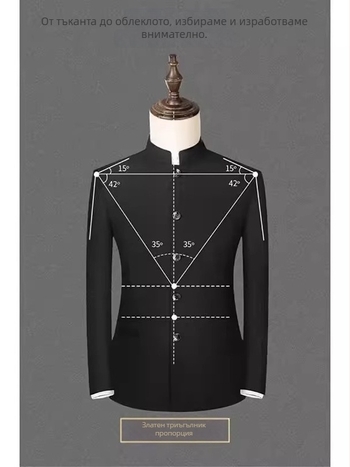 Мъжко сако със подплътени рамене и стояща яка, свободна кройка, полиестер, три патч джоба, копчета в редица от три, пролет-есен стил