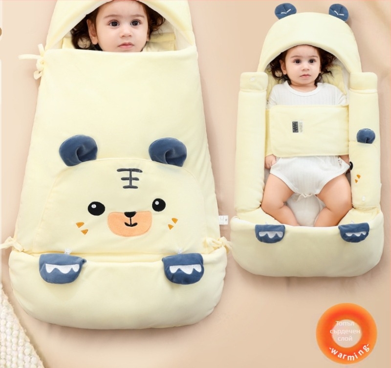 Бебешки зимен спален чувал, плат чист памук, пълнеж полиестер-памук, модел животни, за деца 1–3 години