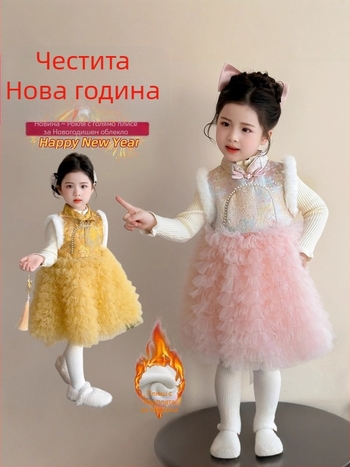 Детска традиционна китайска рокля за зима – принцес стил, етнически костюм, вълнена подплата, памучна материя, удебелен дизайн