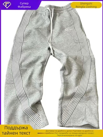 Мъжки спортни панталони с ивици, подплатени с флис, средна талия, права кройка, връзка на талията