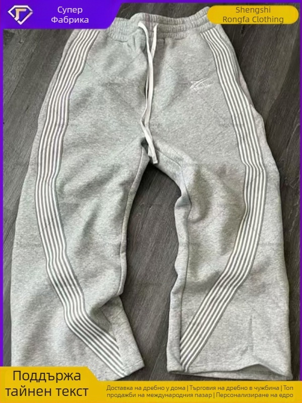 Мъжки спортни панталони с ивици, подплатени с флис, средна талия, права кройка, връзка на талията