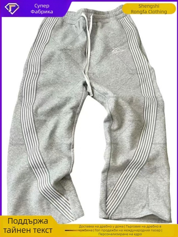 Мъжки спортни панталони с ивици, подплатени с флис, средна талия, права кройка, връзка на талията