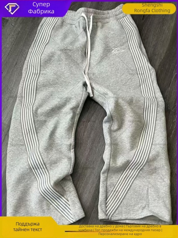 Мъжки спортни панталони с ивици, подплатени с флис, средна талия, права кройка, връзка на талията