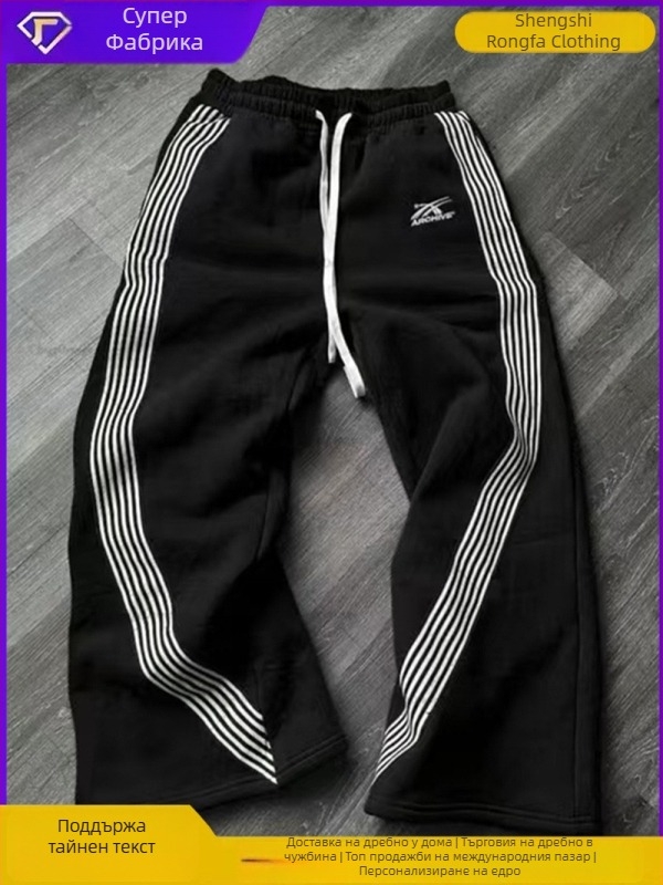 Мъжки спортни панталони с ивици, подплатени с флис, средна талия, права кройка, връзка на талията