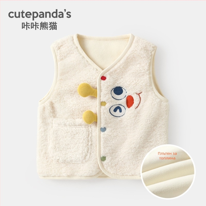 Двоен комплект: флисова жилетка и пуловер - унисекс, зимно облекло, карикатурен принт; пуловер 100% памук, жилетка 100% полиестер; за деца 1–3 г.; дълги ръкави; без качулка