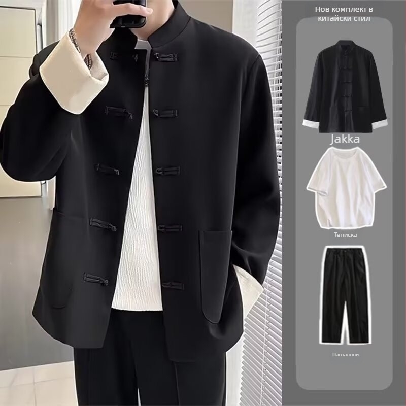 Мъжко сако Тан стил с изправена яка и копчета‑възел, жакардов полиестеров смесен плат, свободна кройка, за четири сезона.