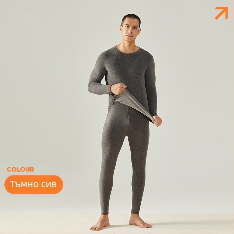 Мъжки термо бельо от вълна и коприна – подплатено с кадифе, 251–300 г/м², комплект горна част и панталони, кръгло деколте, дълъг ръкав