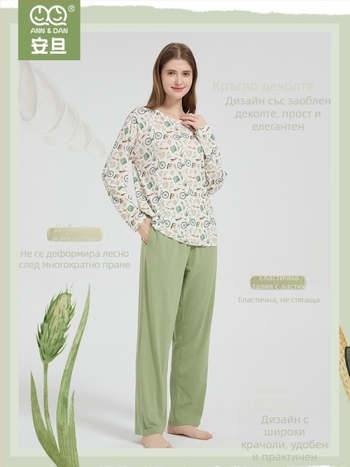 Женски пижамен комплект от бамбуков памук с еластичност — нежен към кожата, домашно облекло, мотив анимационен, подходящ за всички сезони