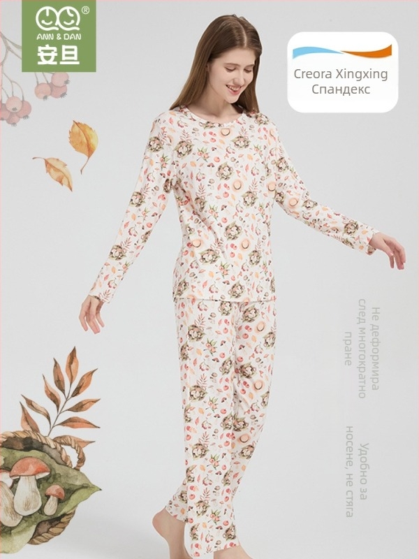 Женски пижамен комплект от бамбуков памук с еластичност — нежен към кожата, домашно облекло, мотив анимационен, подходящ за всички сезони